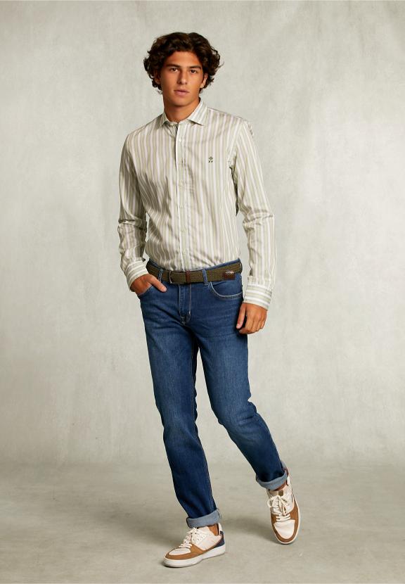 Slim Fit Striped Shirt Green/White - Groen