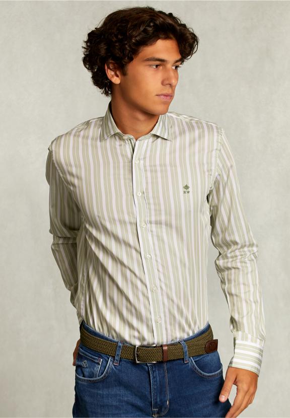 Slim Fit Striped Shirt Green/White - Groen