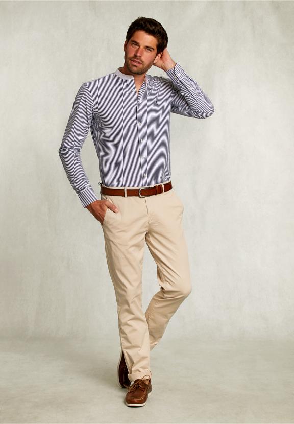 Slim Fit Striped Shirt Henley Collar Blue/White - Vert