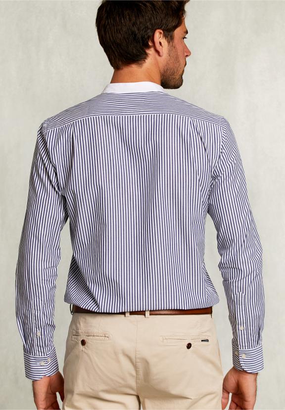 Slim Fit Striped Shirt Henley Collar Blue/White - Vert