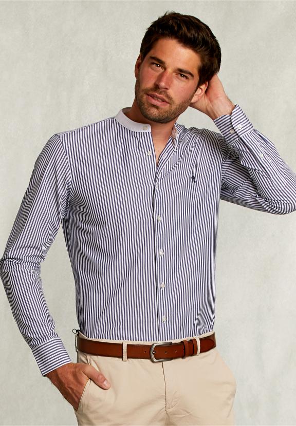 Slim Fit Striped Shirt Henley Collar Blue/White - Vert