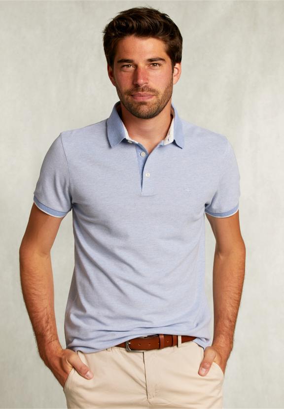 Custom Fit Cotton Polo Dark Chambray Mix - Blauw