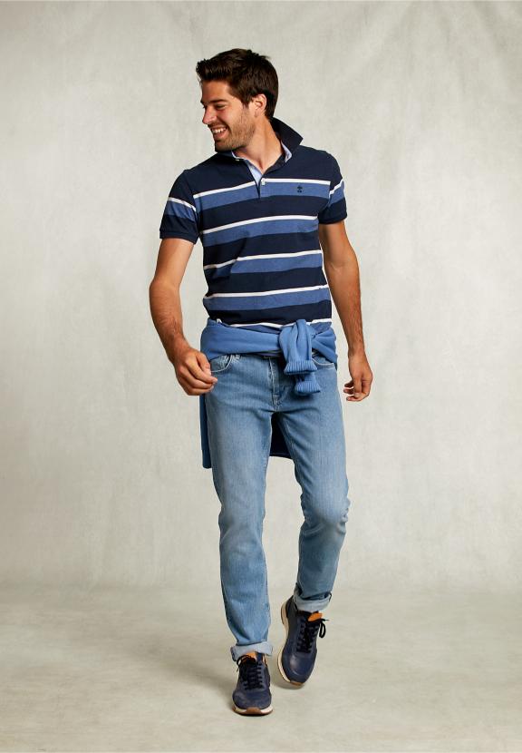 Custom Fit Striped Polo Indian Ocean Mix - Blauw