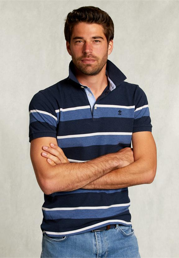 Custom Fit Striped Polo Indian Ocean Mix - Blauw