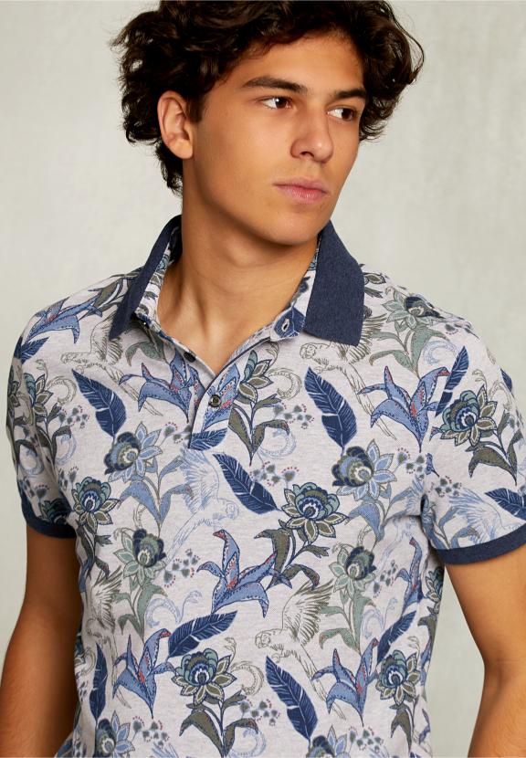Custom Fit Cotton Floral Polo Dark Oyster Mix - Grijs