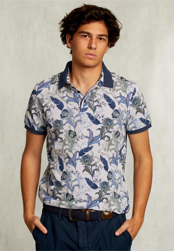 Custom Fit Cotton Floral Polo Dark Oyster Mix - Grijs