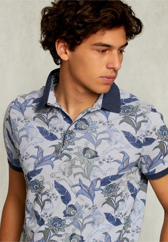 Custom Fit Cotton Floral Polo Lt Mombasa Mix - Blauw
