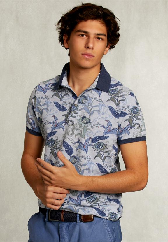 Custom Fit Cotton Floral Polo Lt Mombasa Mix - Blauw
