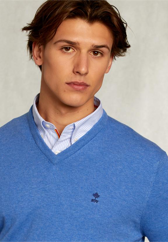 Normal Fit Basic Cotton V-Neck Pullover Bluetiful Mix - Blauw