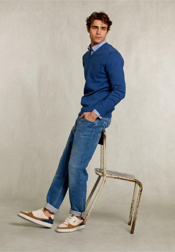 Normal Fit Basic Cotton V-Neck Pullover Blue Jelly Mix - Bleu