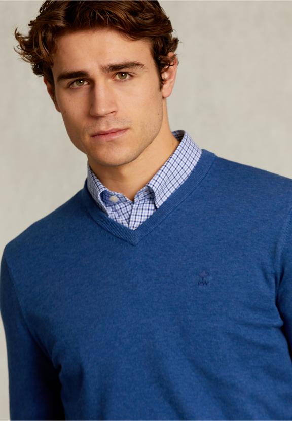 Normal Fit Basic Cotton V-Neck Pullover Blue Jelly Mix - Bleu
