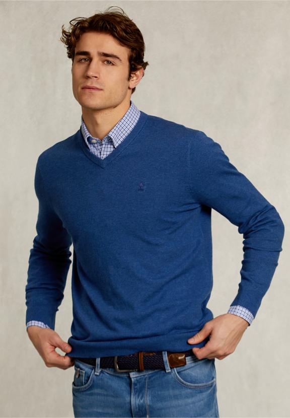Normal Fit Basic Cotton V-Neck Pullover Blue Jelly Mix - Bleu