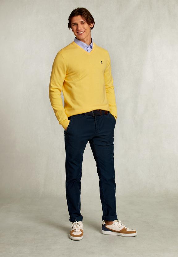 Normal Fit Basic Cotton V-Neck Pullover Butterfly Mix - Jaune