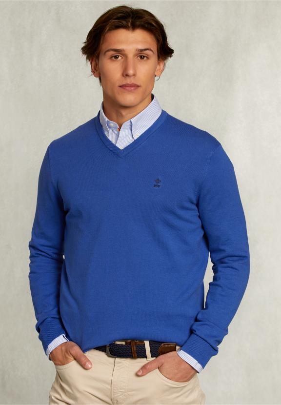 Normal Fit Basic Cotton V-Neck Pullover Delta - Blauw