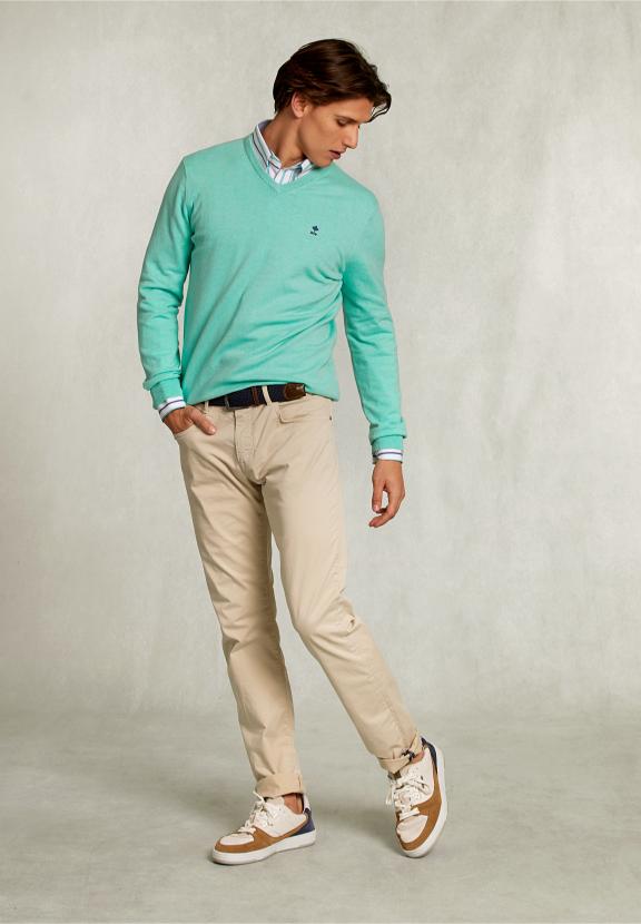 Normal Fit Basic Cotton V-Neck Pullover Gimlet Mix - Groen