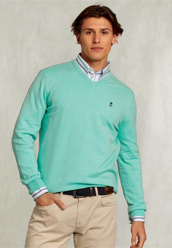 Normal Fit Basic Cotton V-Neck Pullover Gimlet Mix - Groen