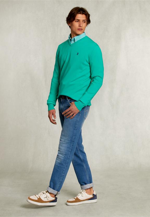 Normal Fit Basic Cotton V-Neck Pullover Moscow Mule - Vert