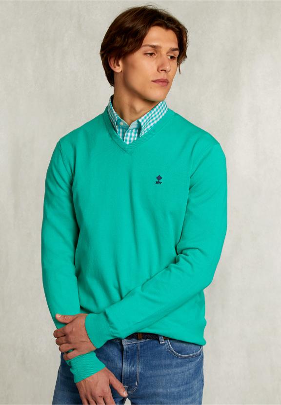 Normal Fit Basic Cotton V-Neck Pullover Moscow Mule - Vert