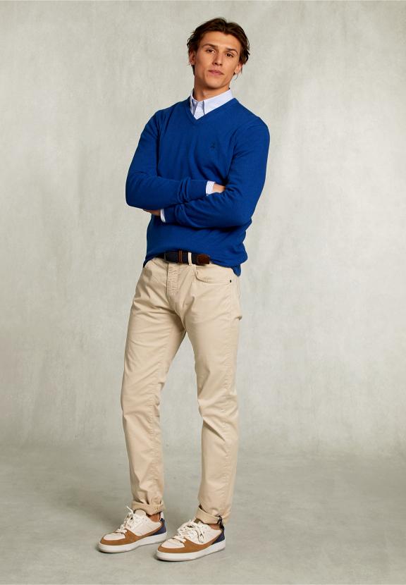 Normal Fit Basic Cotton V-Neck Pullover Nile Mix - Blauw
