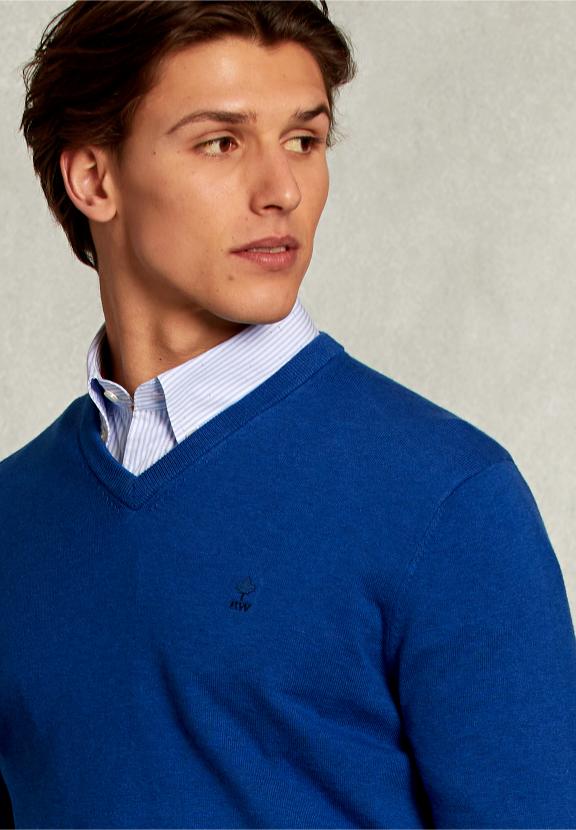 Normal Fit Basic Cotton V-Neck Pullover Nile Mix - Blauw