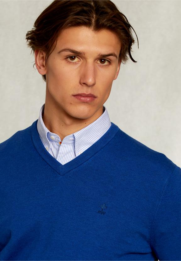 Normal Fit Basic Cotton V-Neck Pullover Nile Mix - Blauw