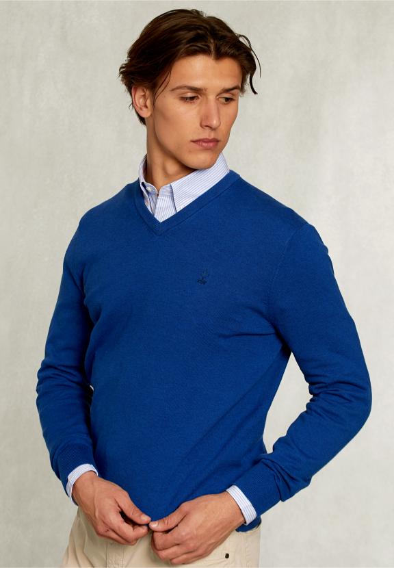 Normal Fit Basic Cotton V-Neck Pullover Nile Mix - Blauw