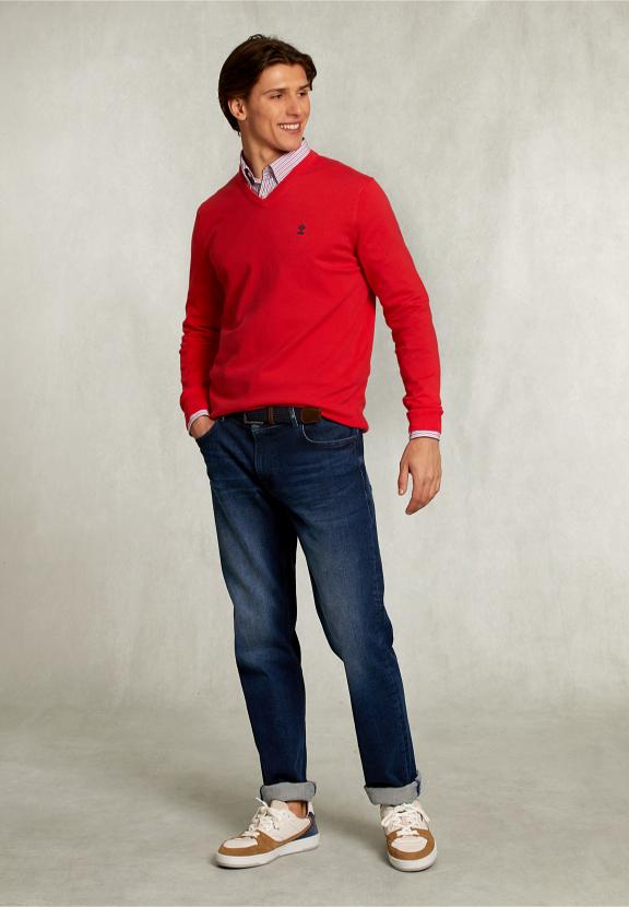 Normal Fit Basic Cotton V-Neck Pullover Pomegranate - Rose