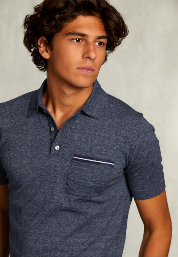 Custom Fit Pima Cotton Sweater Polo Collar Blue Moon Mix - Blauw