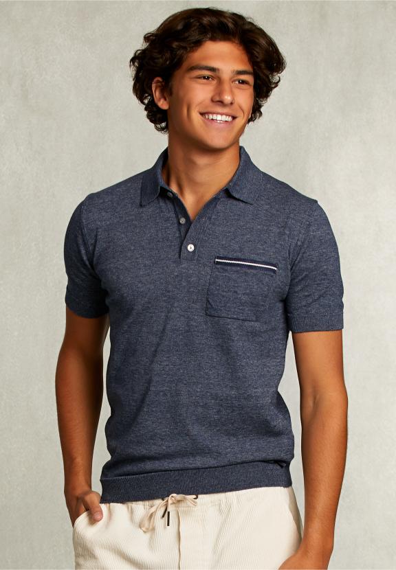 Custom Fit Pima Cotton Sweater Polo Collar Blue Moon Mix - Blauw