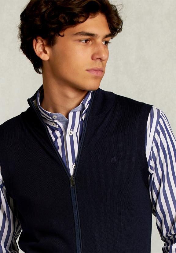Custom Fit Sleeveless Merino Cardigan Navy - Blauw