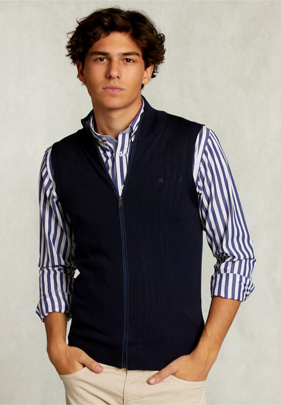 Custom Fit Sleeveless Merino Cardigan Navy - Blauw