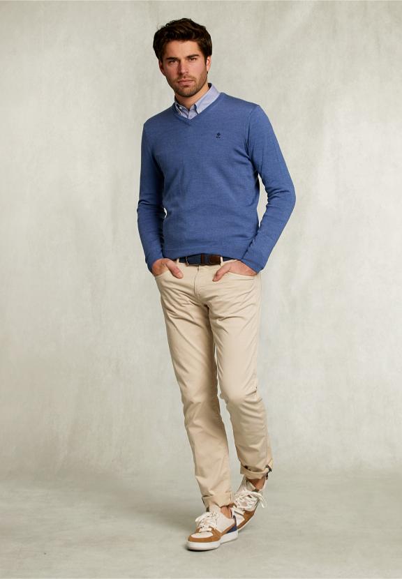 Custom Fit Merino V-Neck Pullover Anon Blue Mix - Blauw