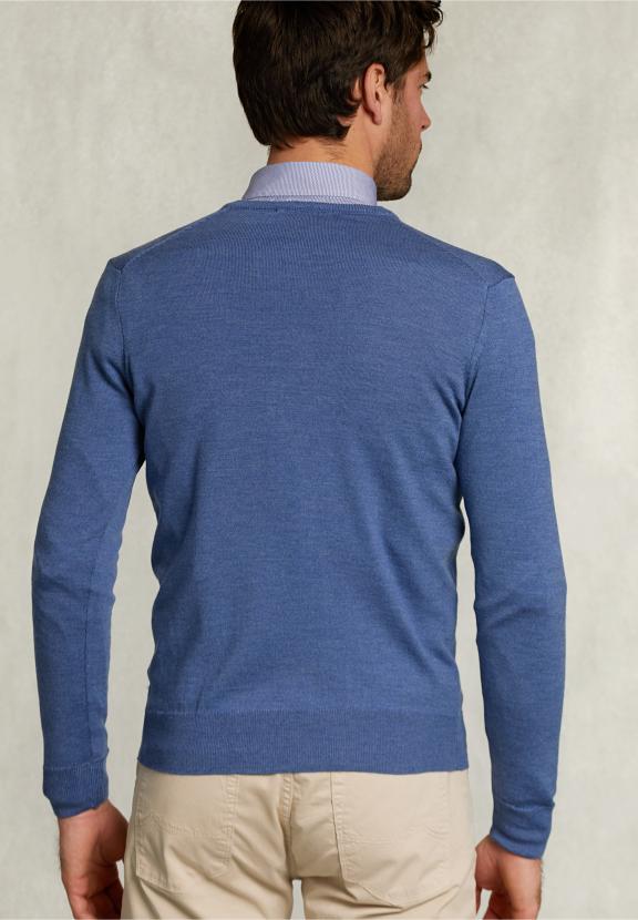 Custom Fit Merino V-Neck Pullover Anon Blue Mix - Blauw