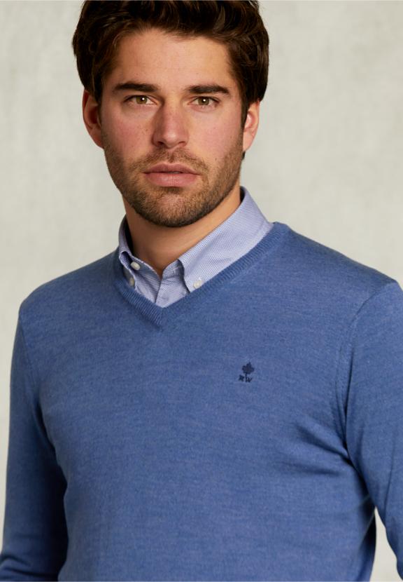 Custom Fit Merino V-Neck Pullover Anon Blue Mix - Blauw