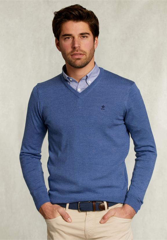 Custom Fit Merino V-Neck Pullover Anon Blue Mix - Blauw