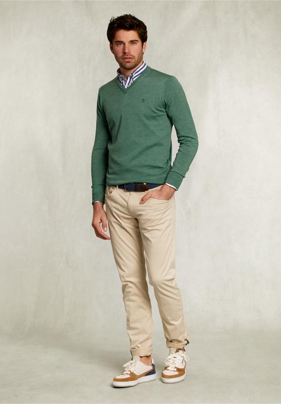 Custom Fit Merino V-Neck Pullover Equator Mix - Kaki