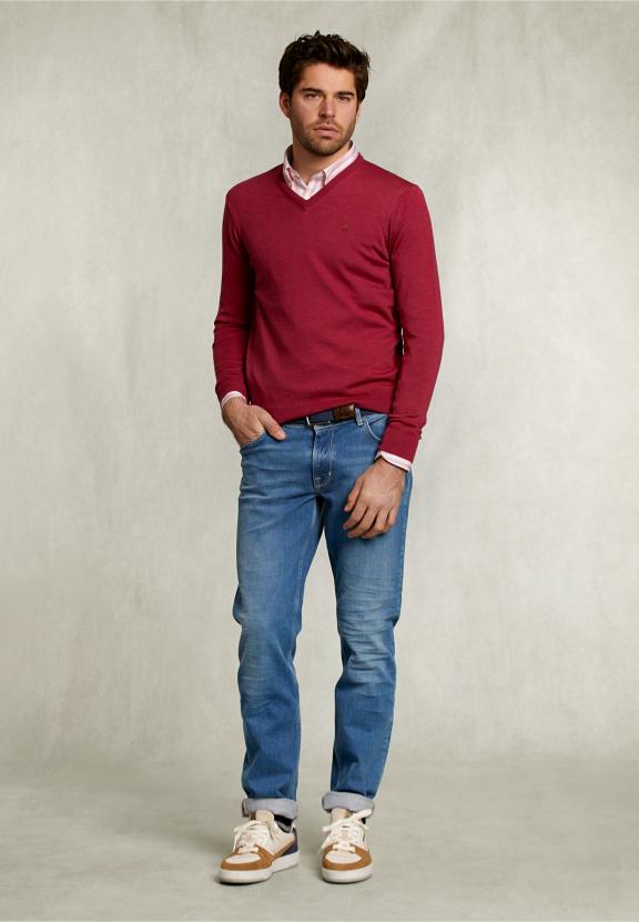 Custom Fit Merino V-Neck Pullover French Bonbon Mix - Roze
