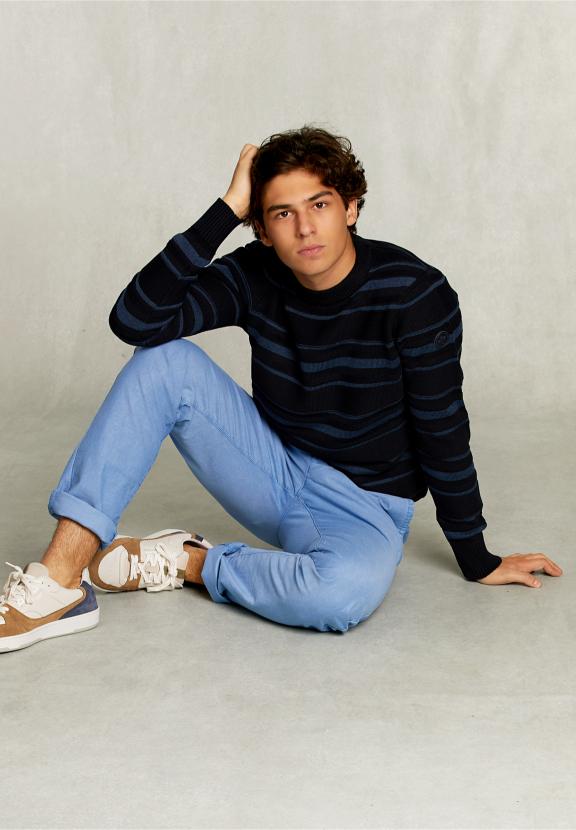 Custom Fit Striped Pima Cotton Sweater Blue - Blauw