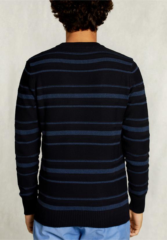 Custom Fit Striped Pima Cotton Sweater Blue - Blauw