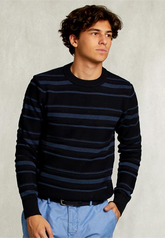Custom Fit Striped Pima Cotton Sweater Blue - Blauw