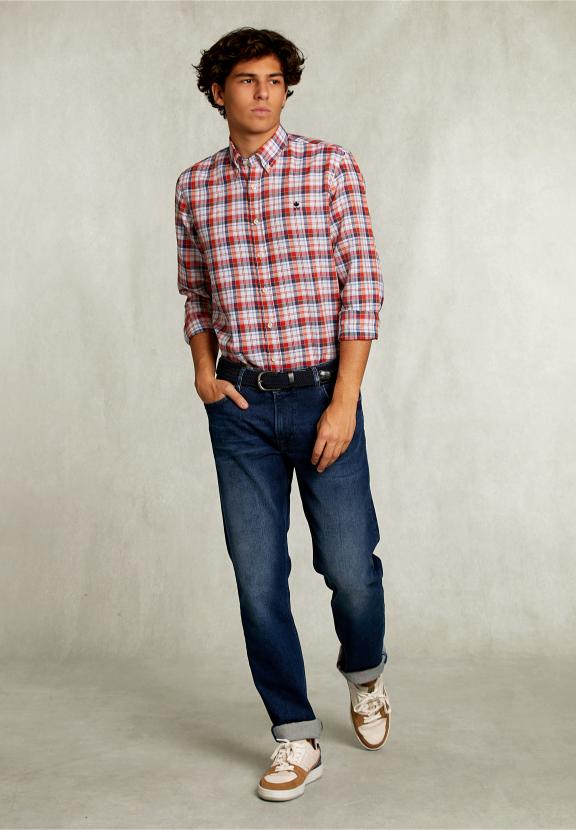 Custom Fit Checked Shirt Linen-Cotton Multi - Rood