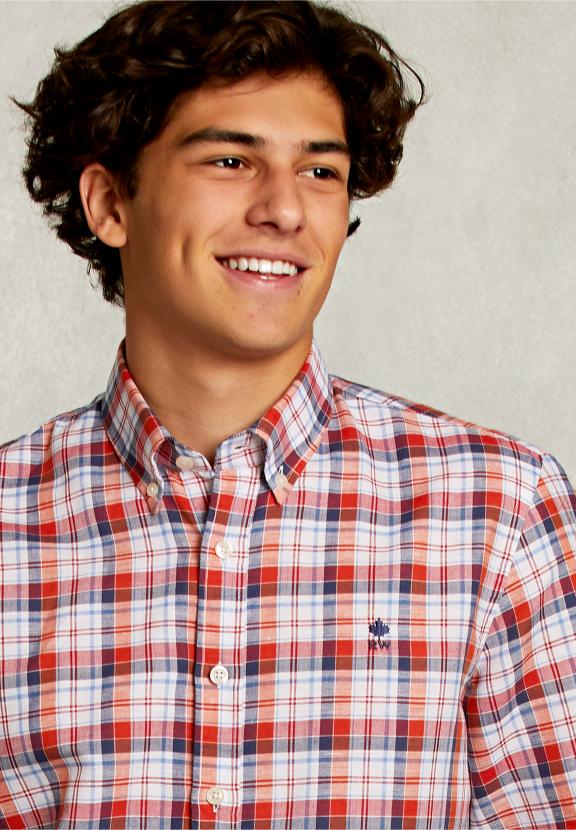 Custom Fit Checked Shirt Linen-Cotton Multi - Rood