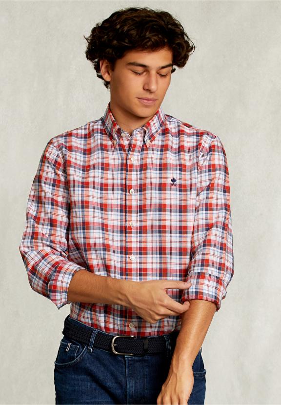 Custom Fit Checked Shirt Linen-Cotton Multi - Rood