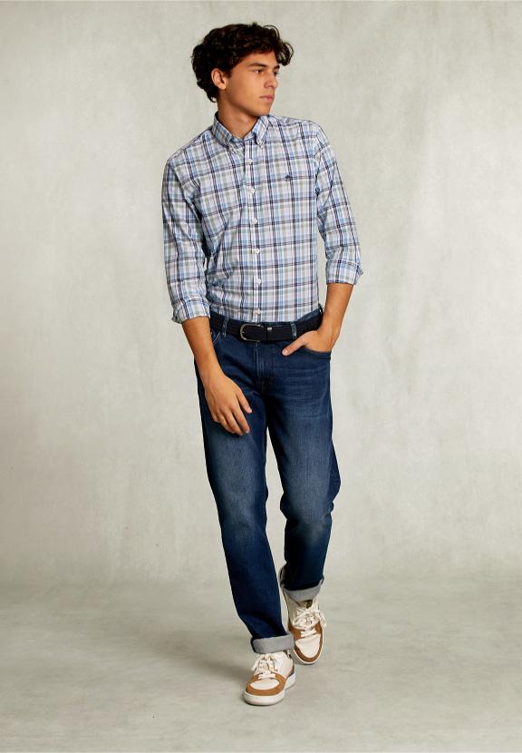 Custom Fit Checked Shirt Green/Blue - Blauw