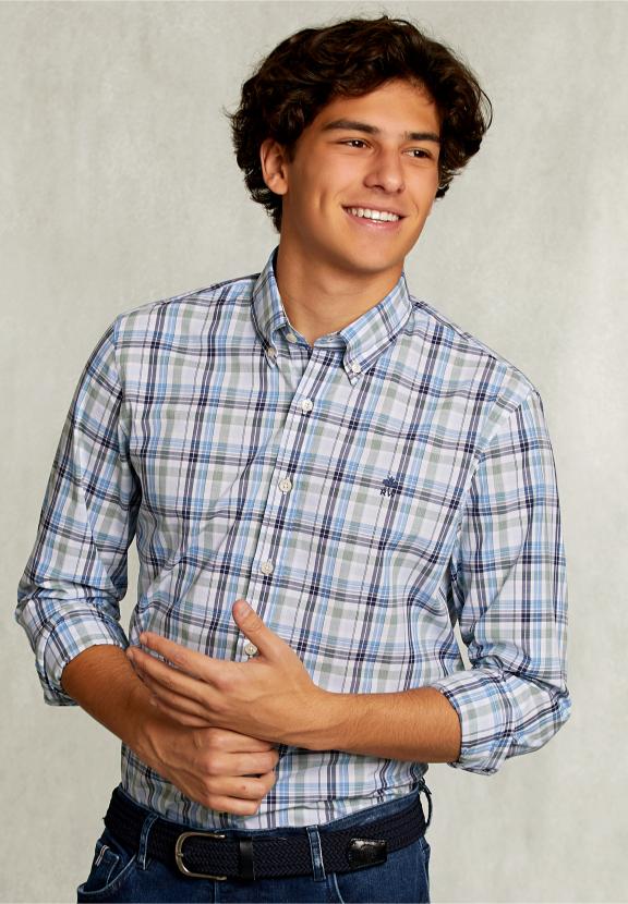 Custom Fit Checked Shirt Green/Blue - Blauw