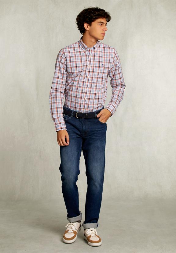 Custom Fit Checked Shirt Orange/Blue - Bleu