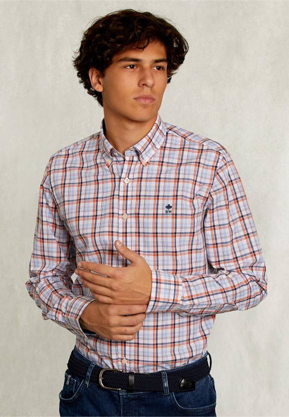 Custom Fit Checked Shirt Orange/Blue - Blauw