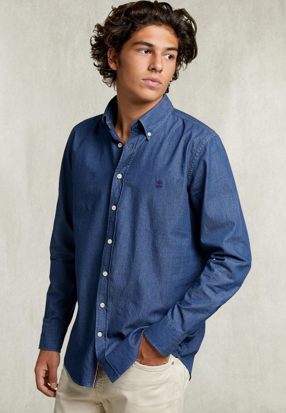 Custom Fit Denim Shirt Blue - Blauw
