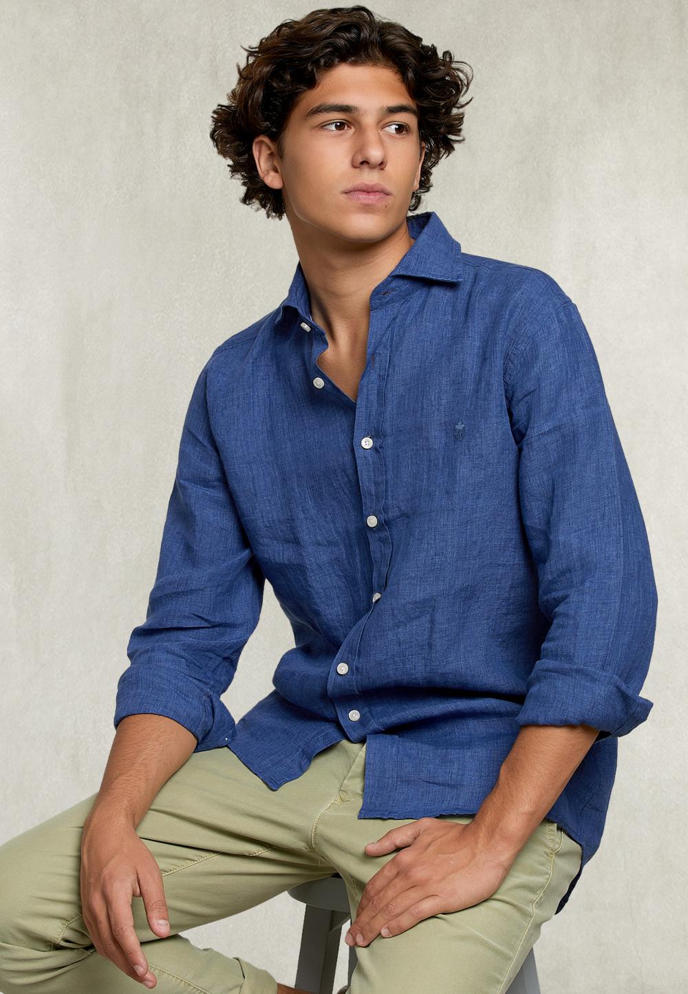 Custom Fit Linen Shirt Jeans - Blauw