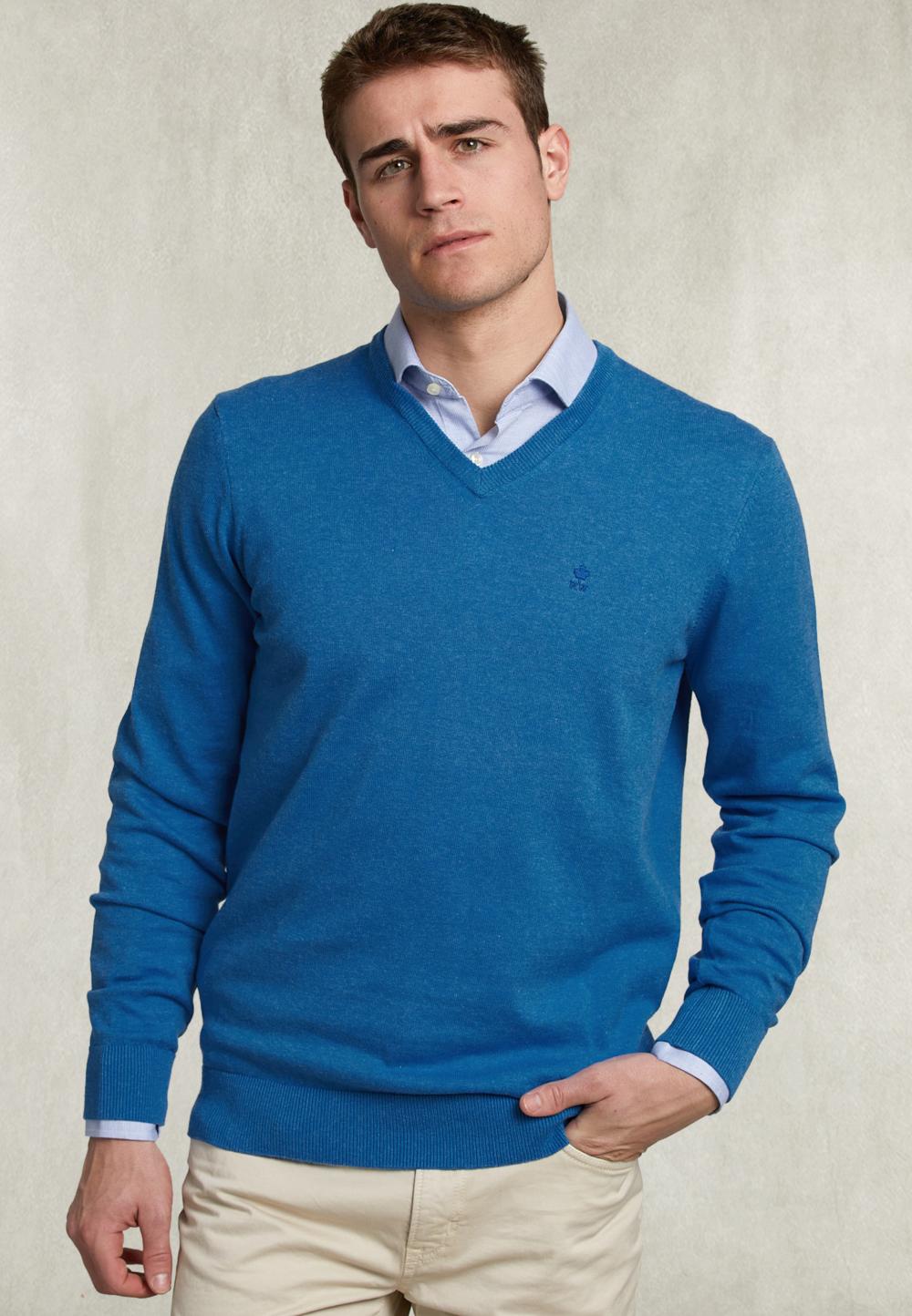 Basic V-Neck Pullover Blue Bird Mix - Bleu